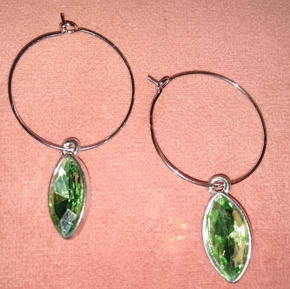 Light Green Marquis Rhinestone Silver Hoop CZ Crystal Dangle Earrings Hoops New - Picture 1 of 9